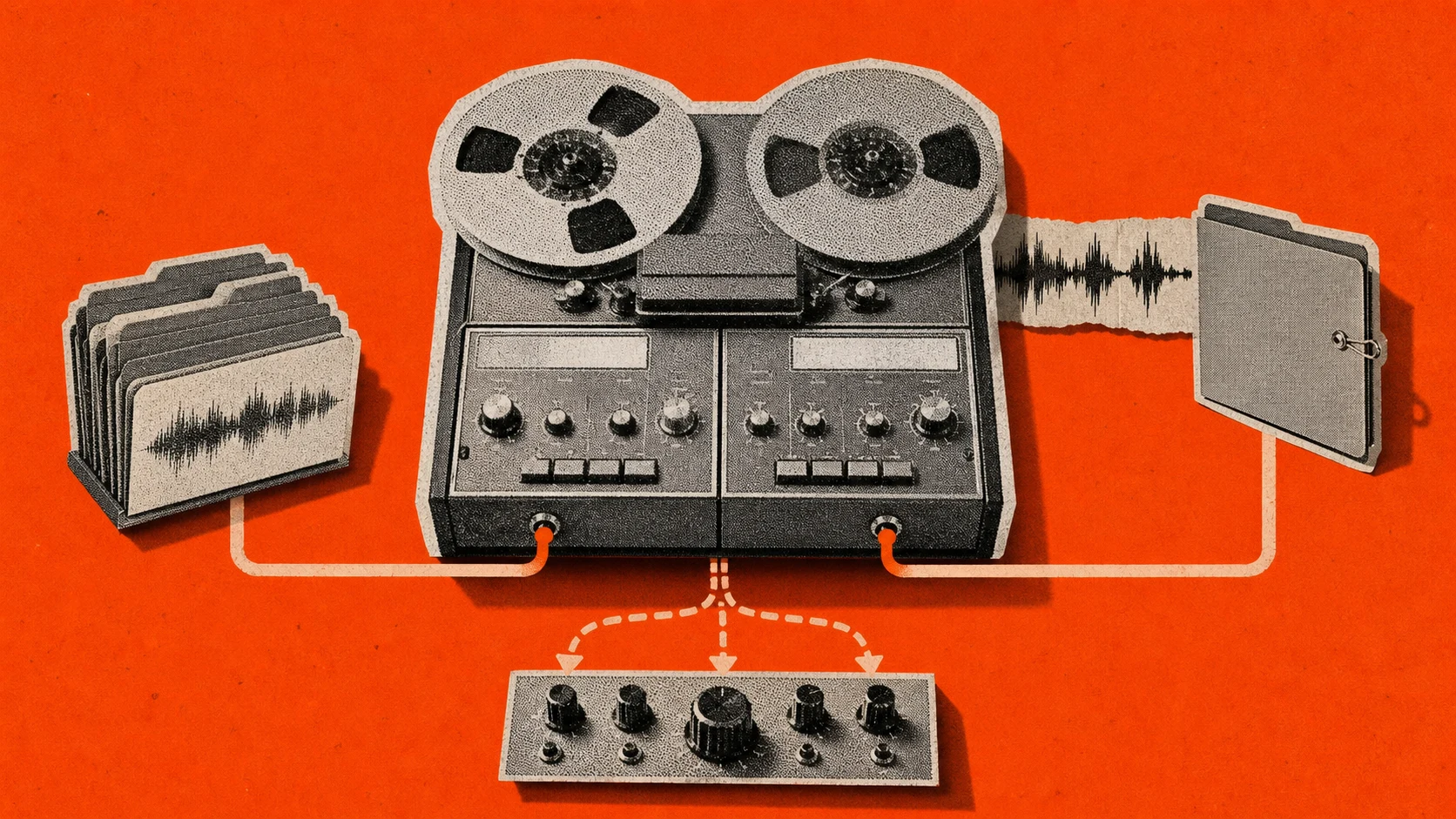 A two-channel tape deck separates a pre-trained voice library lane from a sampled-voice lane that passes through a consent folder.