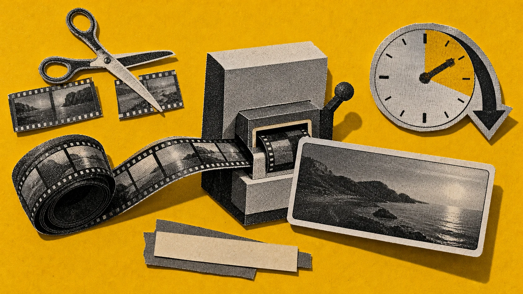 A long raw film roll compressed through editing stages into a polished widescreen upload card.