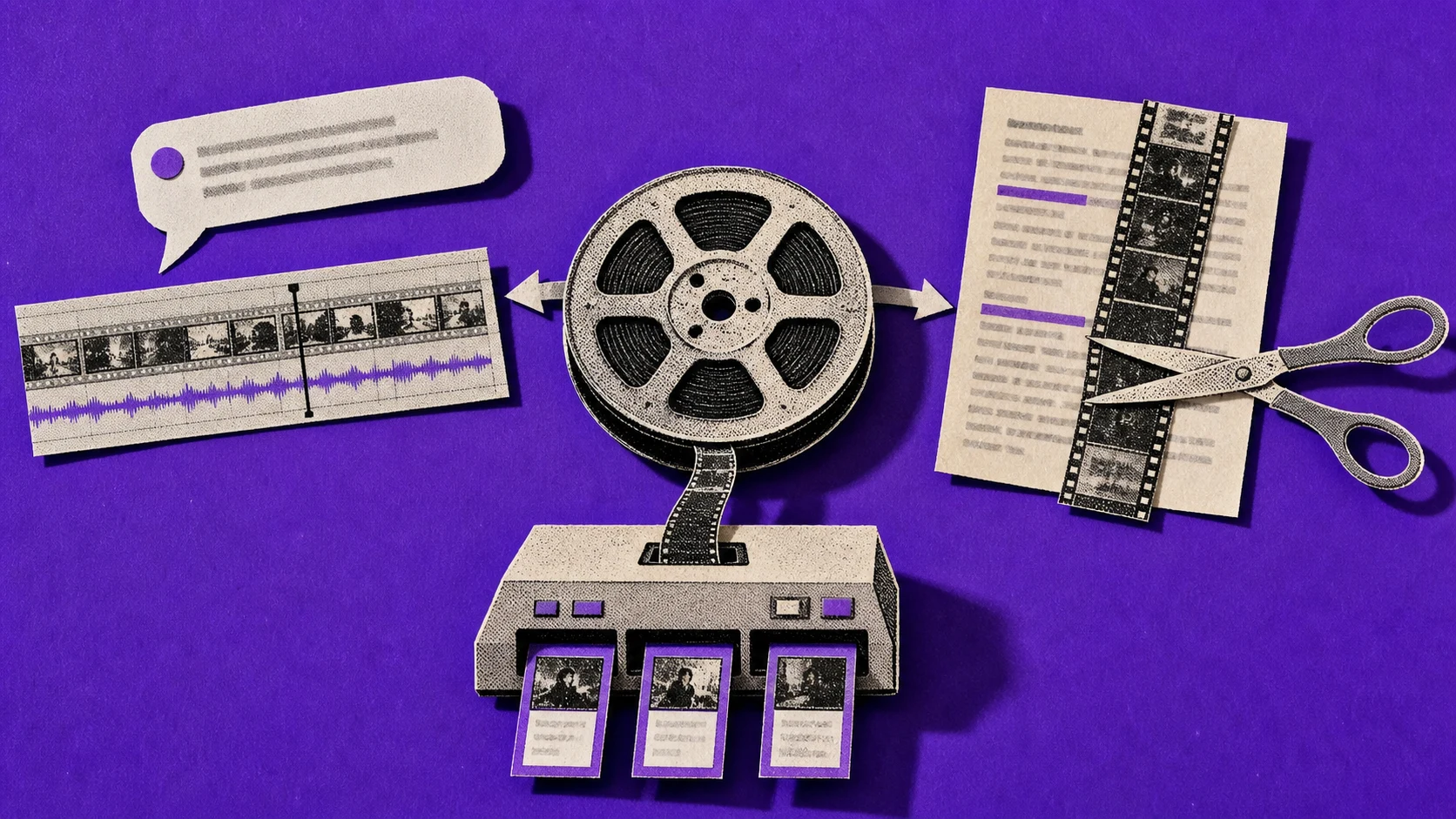 Three paper editing paths using a chat instruction, a transcript page, and automatic clip extraction.