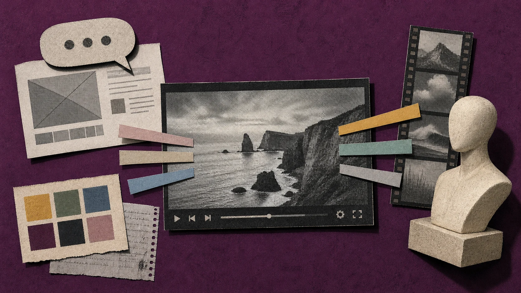Six paper paths starting from chat, templates, brand assets, scripts, stock footage, and an avatar.