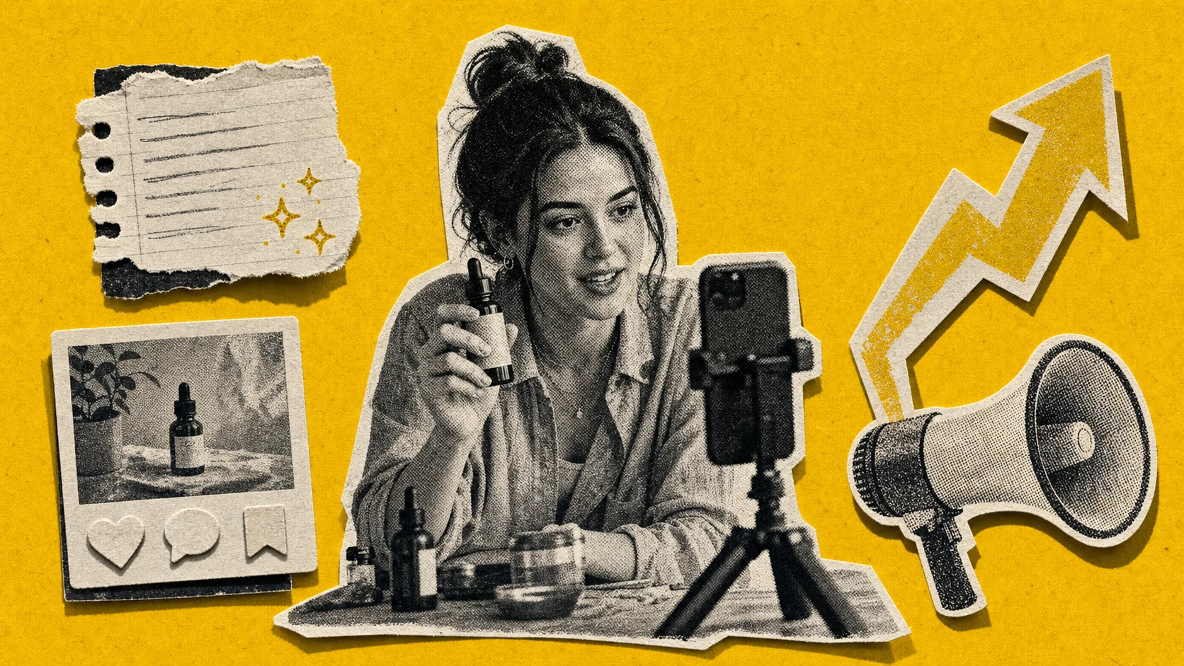 A real creator films an organic phone post beside hook notes, earned engagement tokens, and a boost arrow.