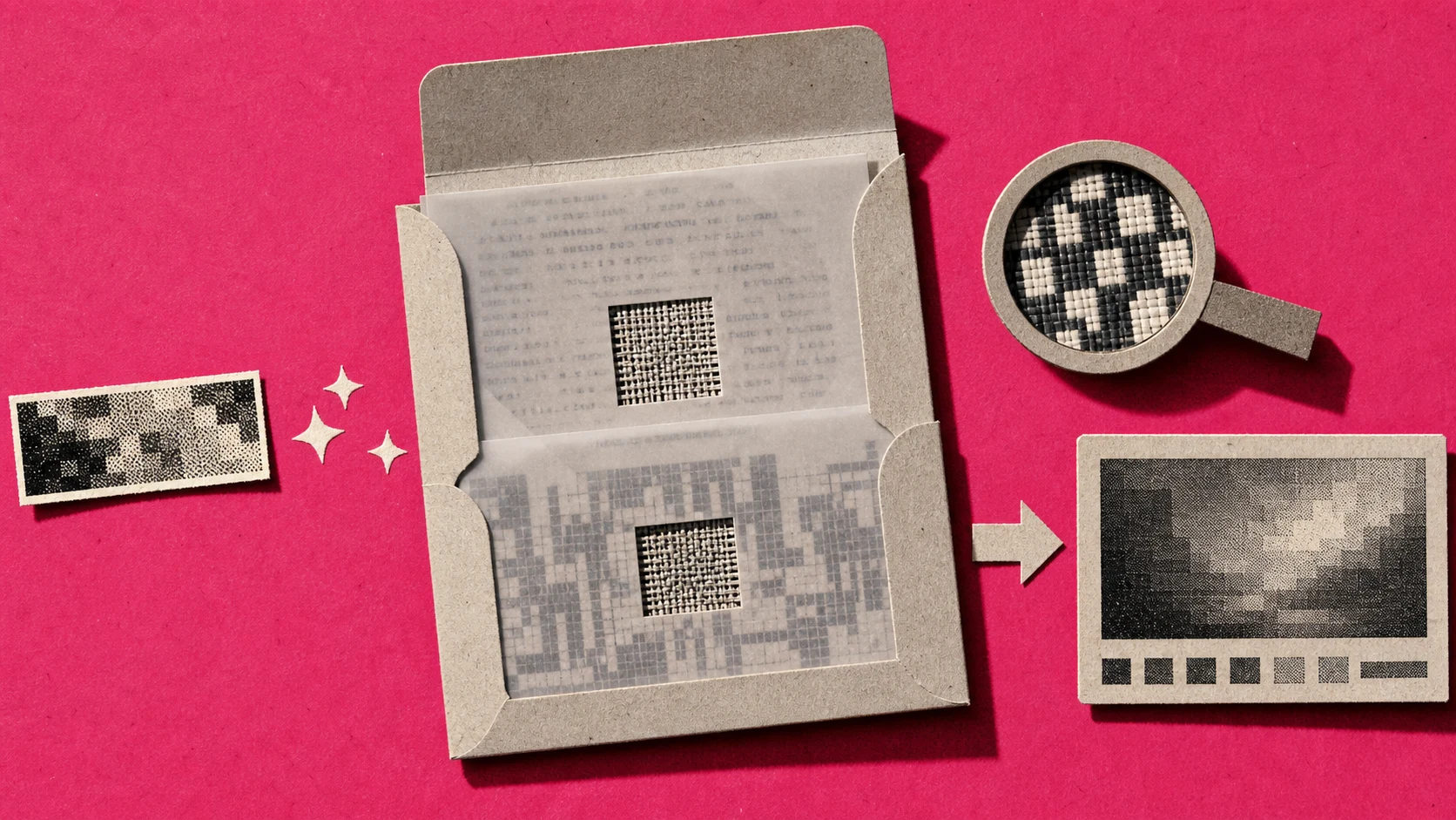 An archival inspection sleeve revealing metadata and hidden pixel layers around one generated output