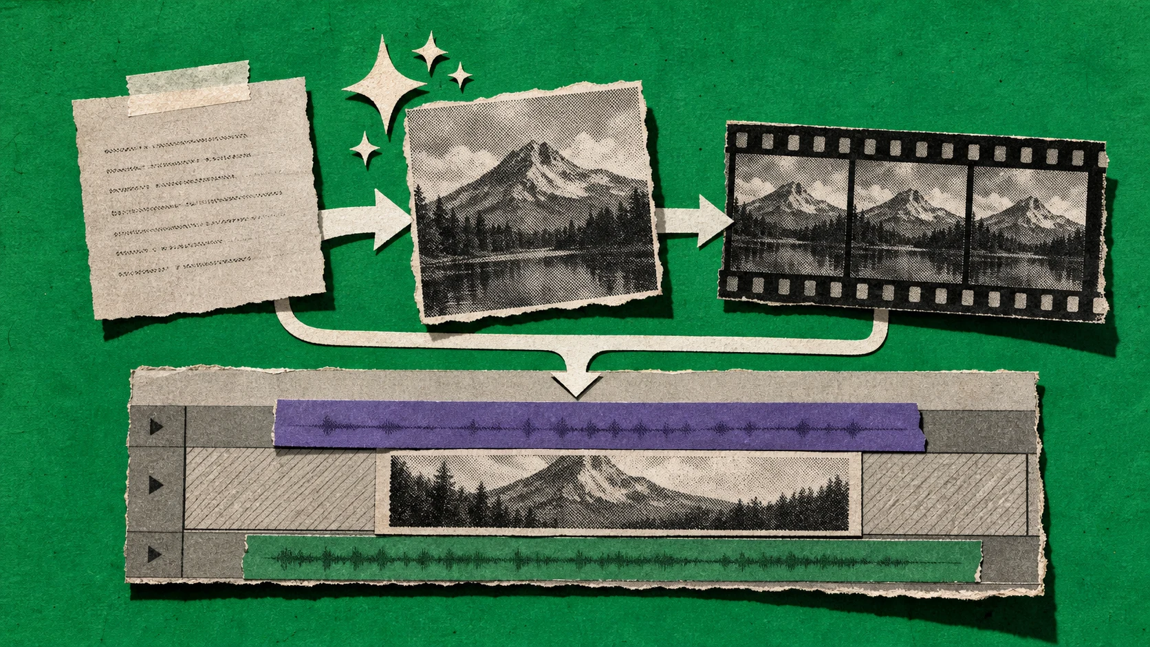A prompt card becoming a reference still, a motion layer, and a clip placed directly on one editing timeline