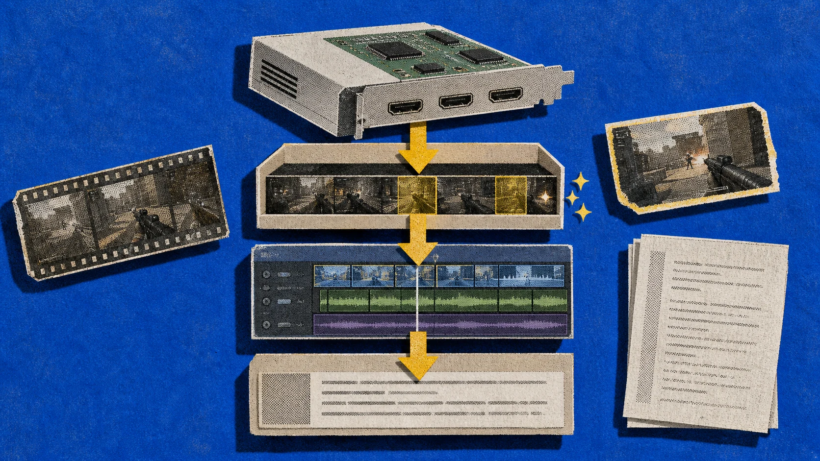 A four-layer gaming video stack connecting capture, highlight detection, an editor timeline, and transcript cleanup