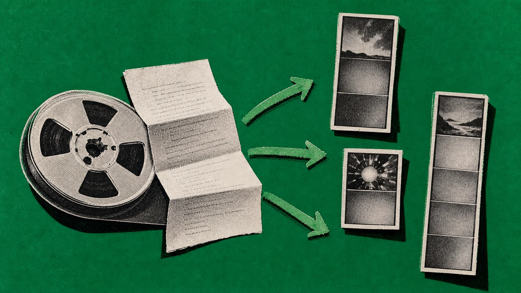 One long source transcript branches into three distinct vertical video deliverables with different lengths and opening frames.