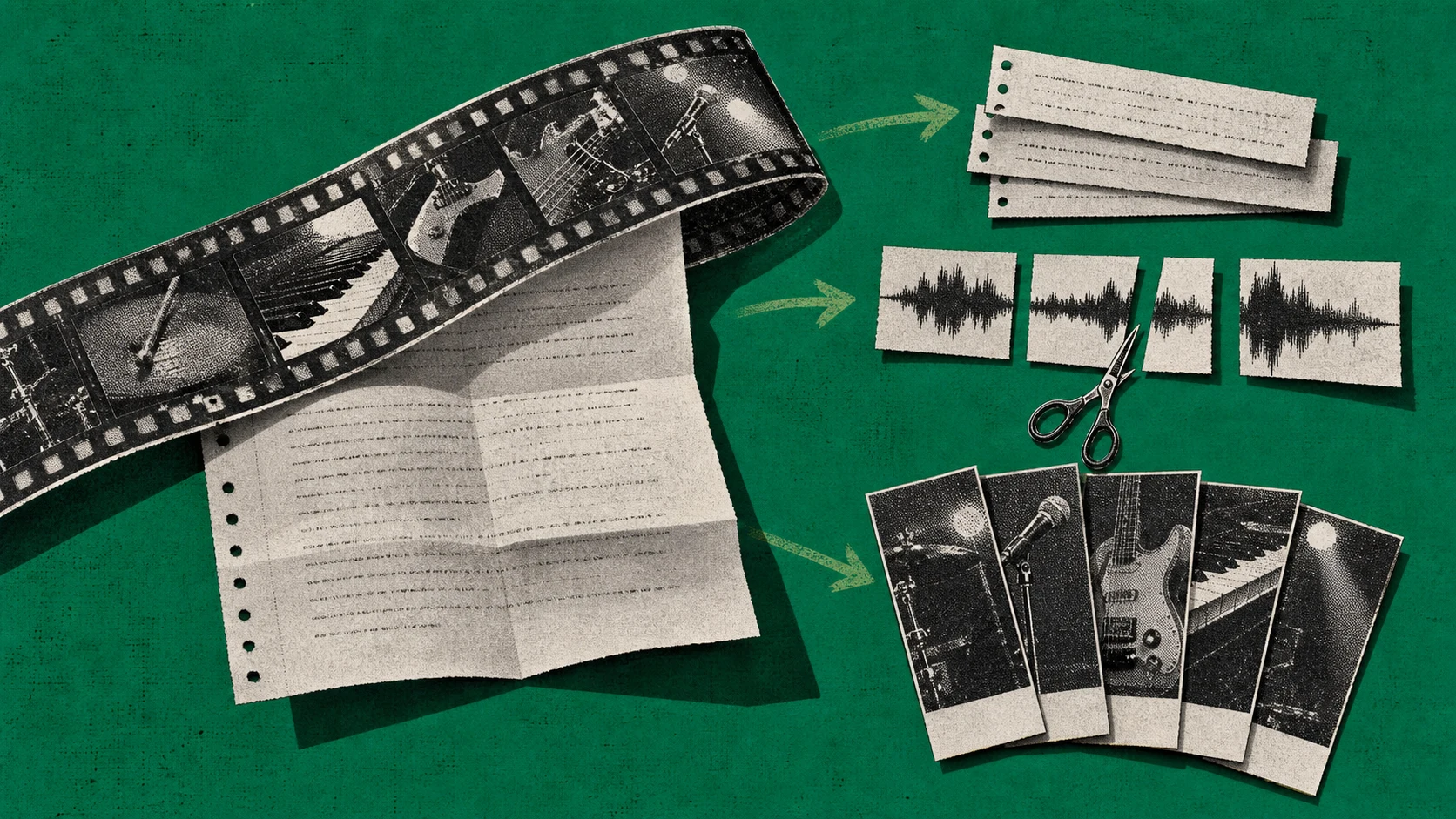 A long performance film and transcript pass through selected chorus strips and a trimmed waveform into stacks of vertical clips.