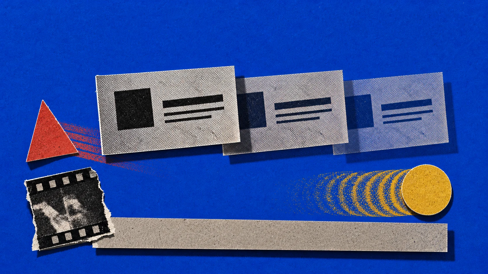 Paper collage showing a static title card transforming into layered moving shapes and a lower-third.