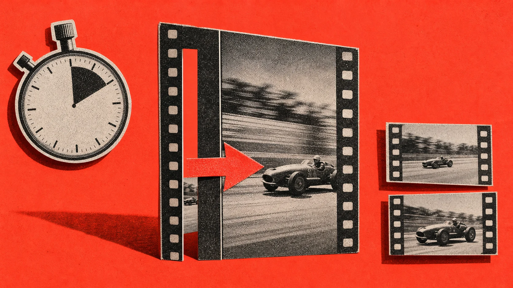 A paper timing gate with a narrow opening slice, a wider follow-through panel, a stopwatch, and jump-cut frames.
