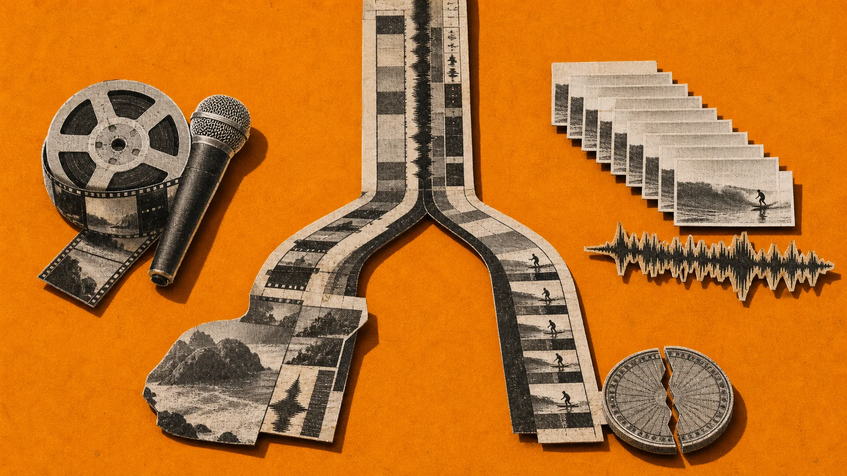 A forked paper editing track leading toward an original camera reel on one side and repeated stock cards with a broken coin on the other.