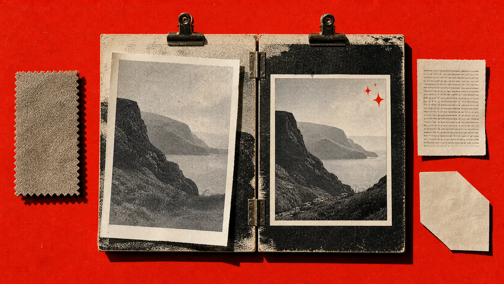 A hinged proof board comparing a loose image result with a controlled result that preserves materials, layout, and an edited region