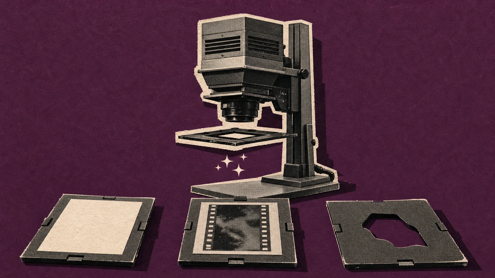 A darkroom enlarger with interchangeable inputs for a blank exposure, a source negative, and a precise mask stencil