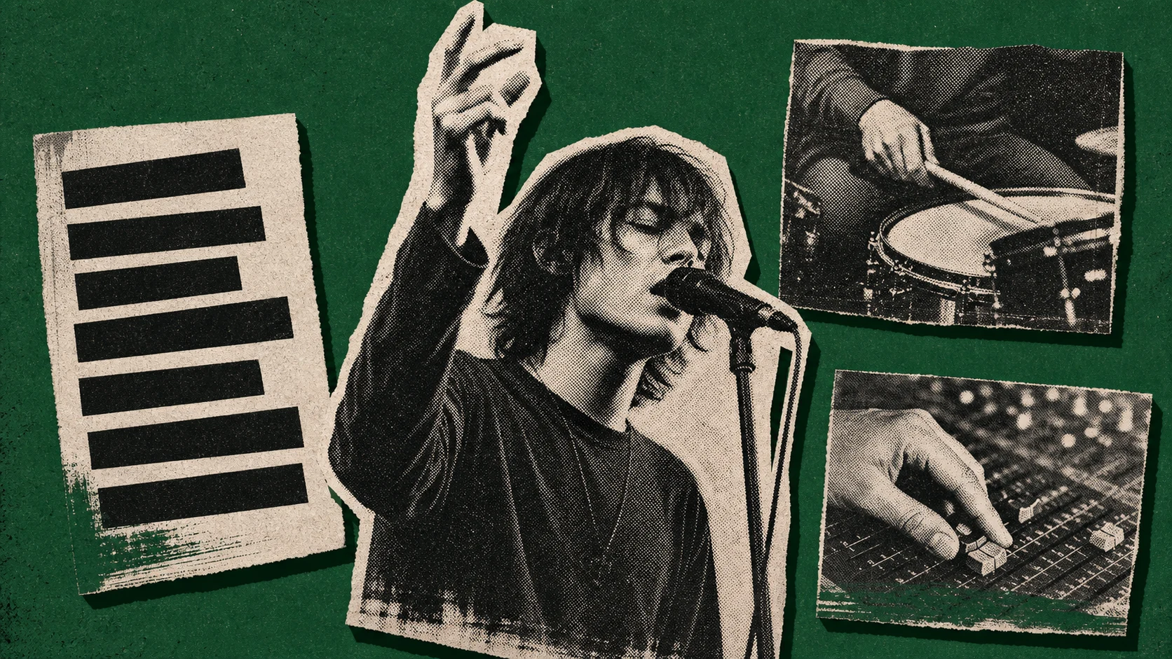 A halftone indie vocalist performing beside three paper clip cards showing lyric bars, an instrument close-up, and studio controls.