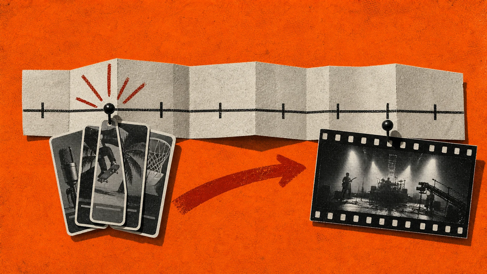 A folded paper release timeline with vertical clip cards at the launch point and a wide film strip placed later along a delayed arrow.