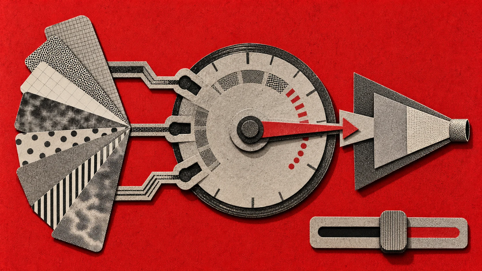 A paper routing dial surrounded by eight format cards, an awareness funnel, and a stage-and-budget slider.