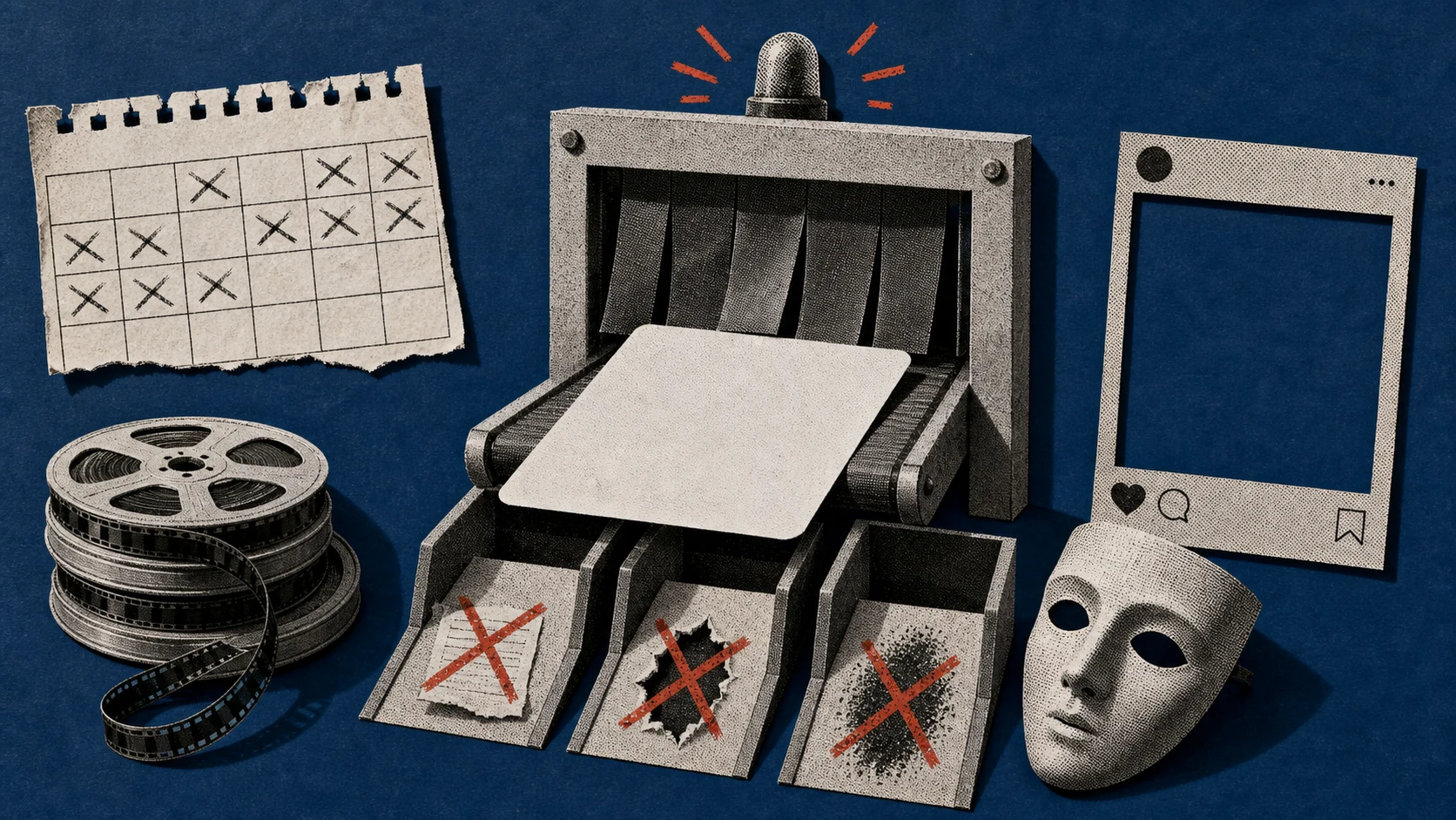 A paper tool card entering a screening gate beside an expired calendar, repeated stock reels, and a presenter mask that does not fit a vertical ad frame.