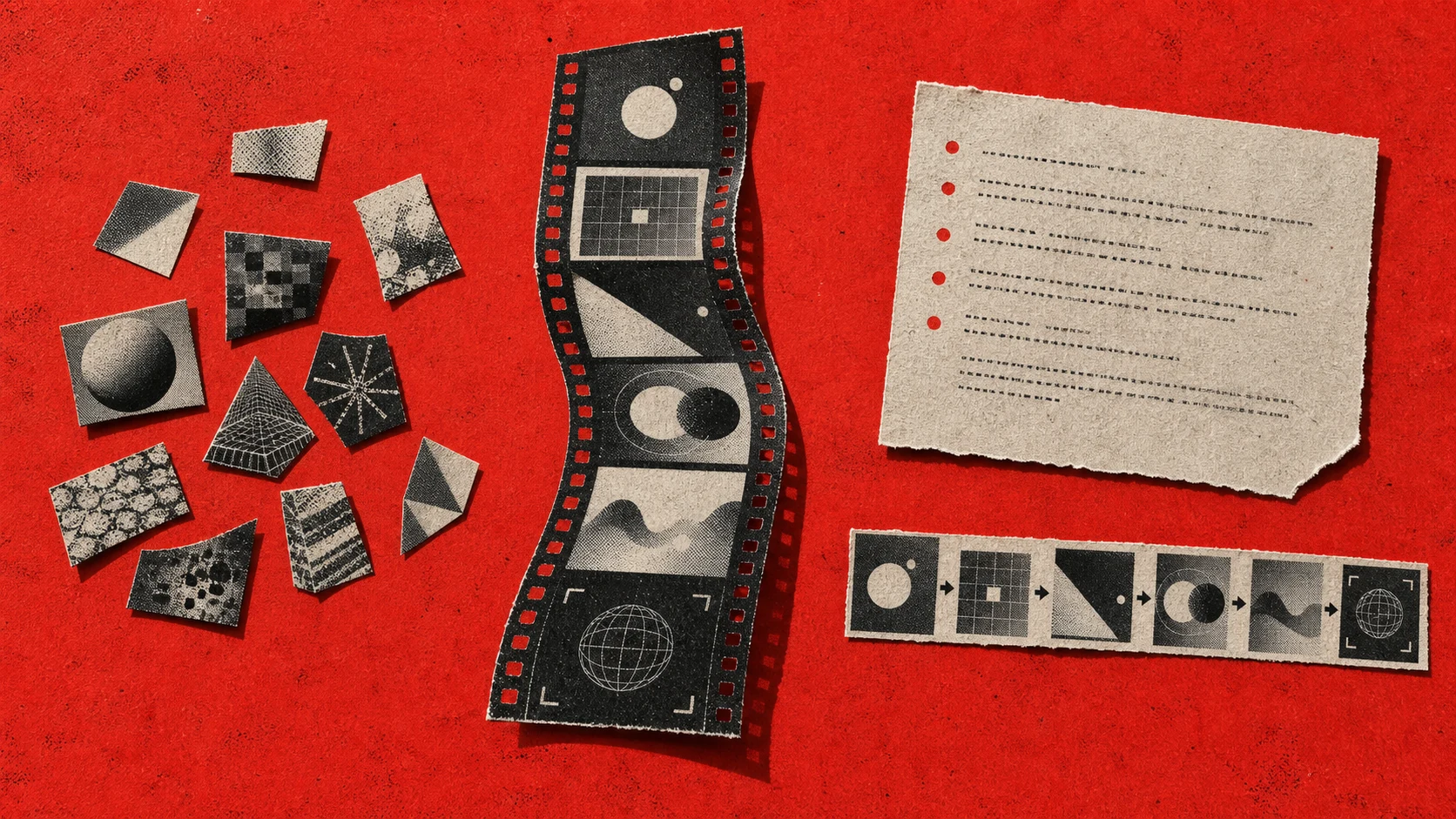 A long product-demo strip splitting into scattered auto-selected fragments and a coherent sequence guided by an instruction card and edit spine.