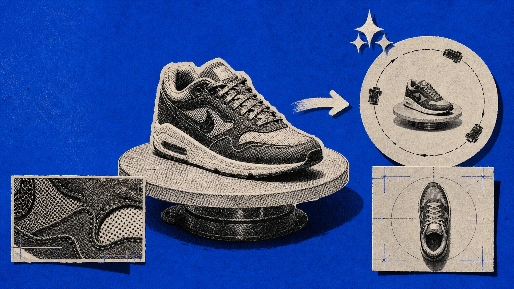 A sneaker on a studio turntable linked to macro, orbital, and top-down camera frames