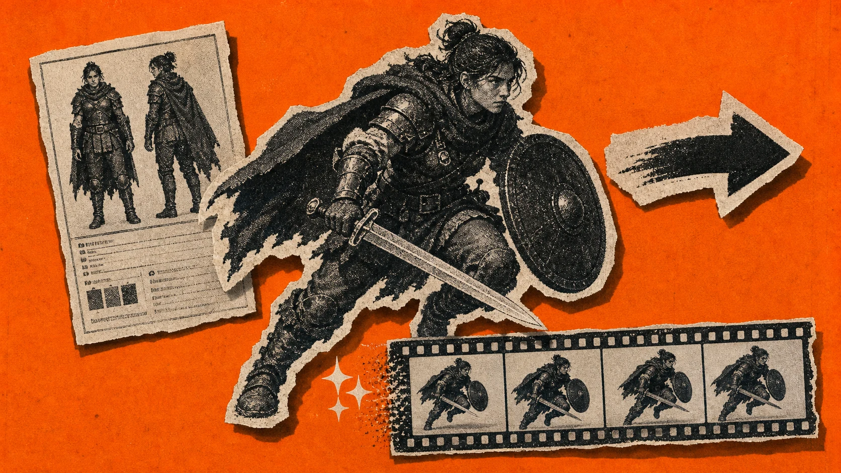 One fictional character anchored by a reference card and carried through a single continuous action shot