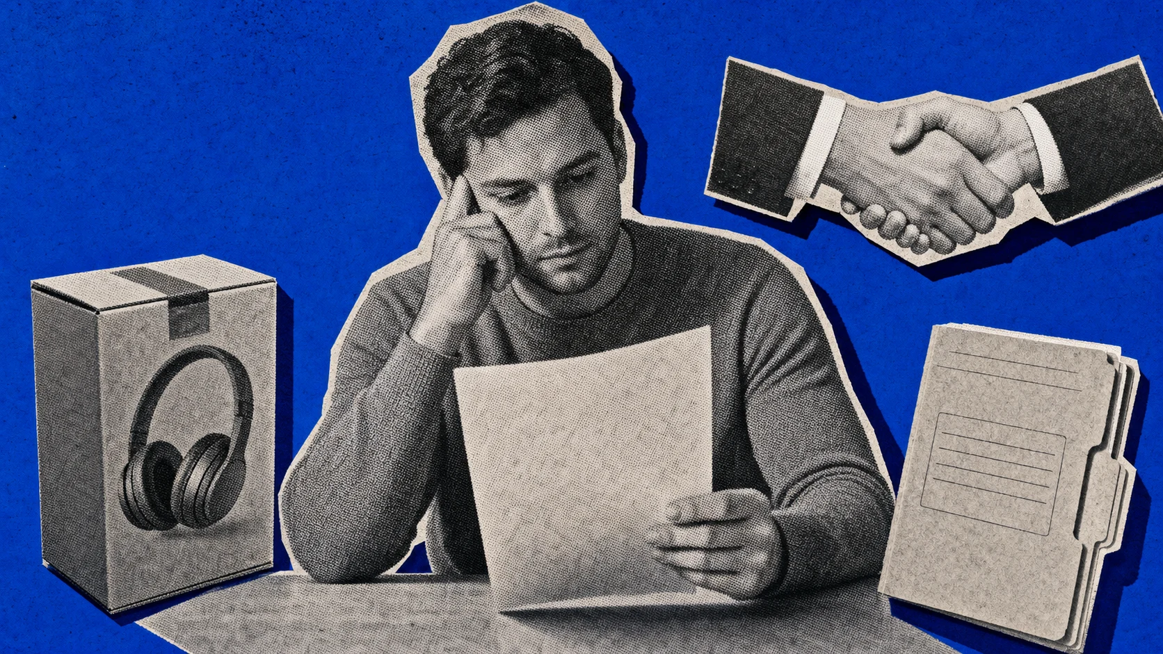 A halftone service buyer holding an unsigned contract beside a rejected retail box, a handshake cutout, and an evidence folder.