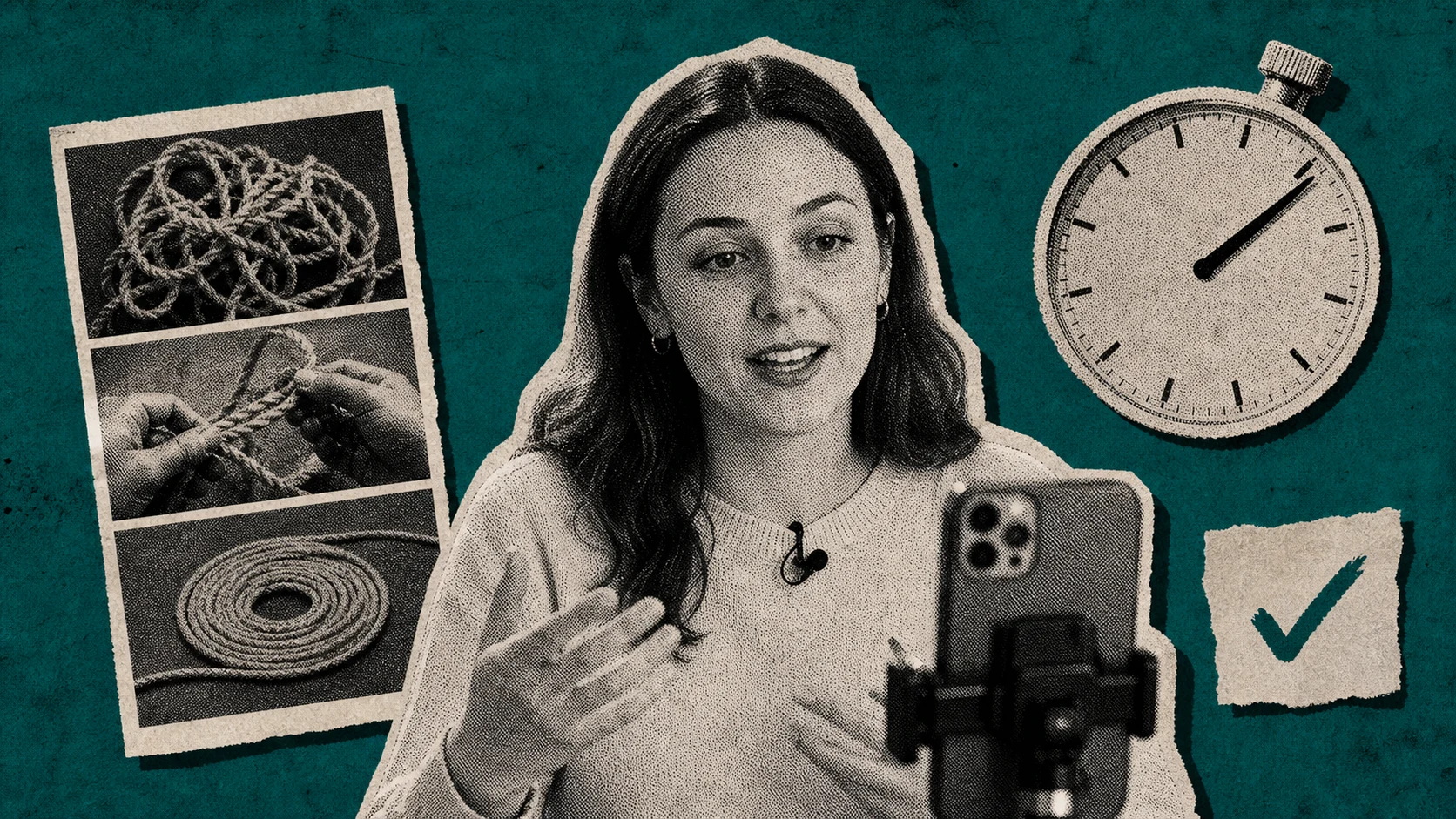 A halftone client speaking to a phone camera beside a three-stage story strip, a cropped timer dial, and one completion mark.