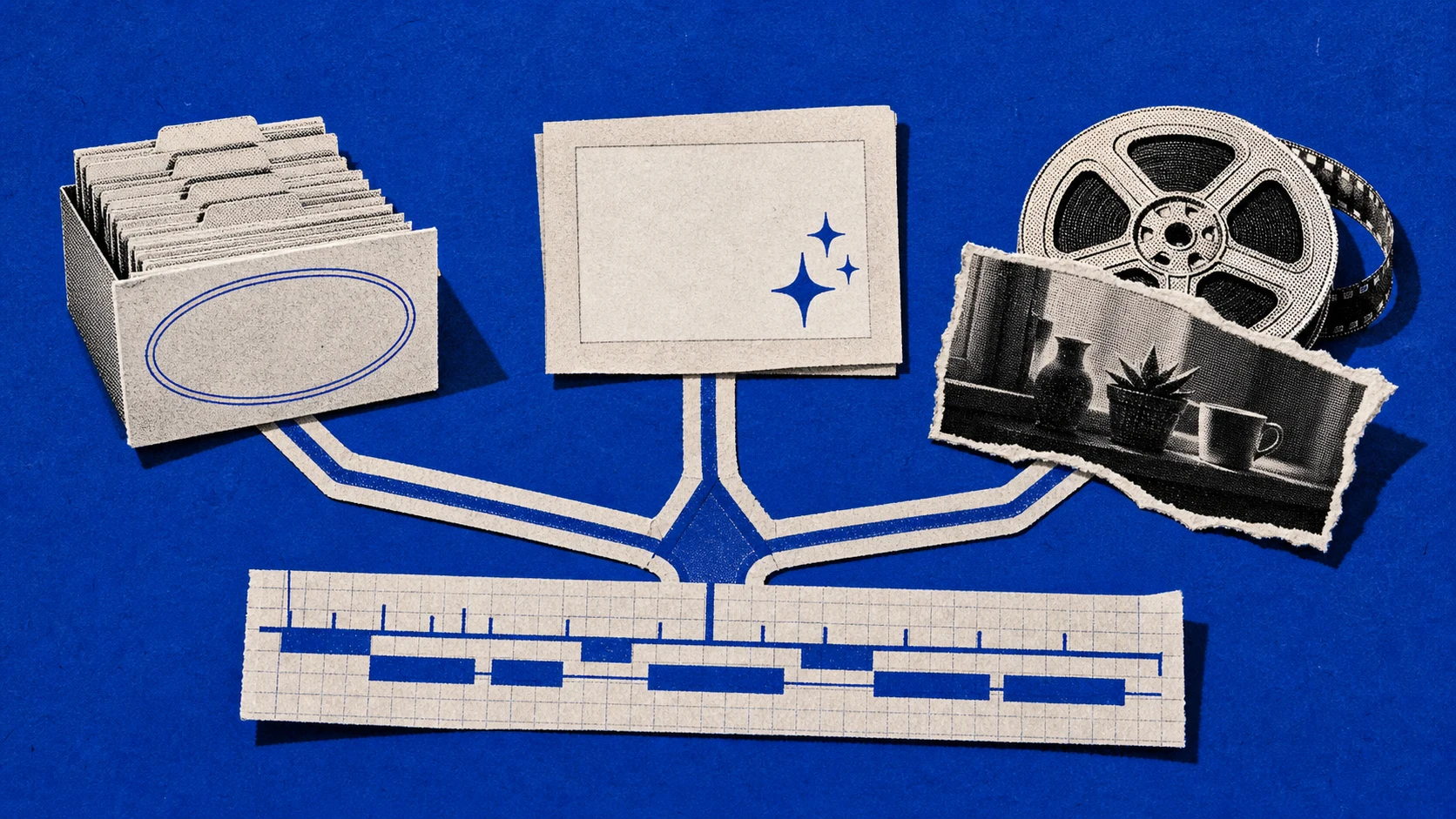 A three-way editing timeline branches toward a library catalog card, a generated reference frame, and a camera-shot film reel.