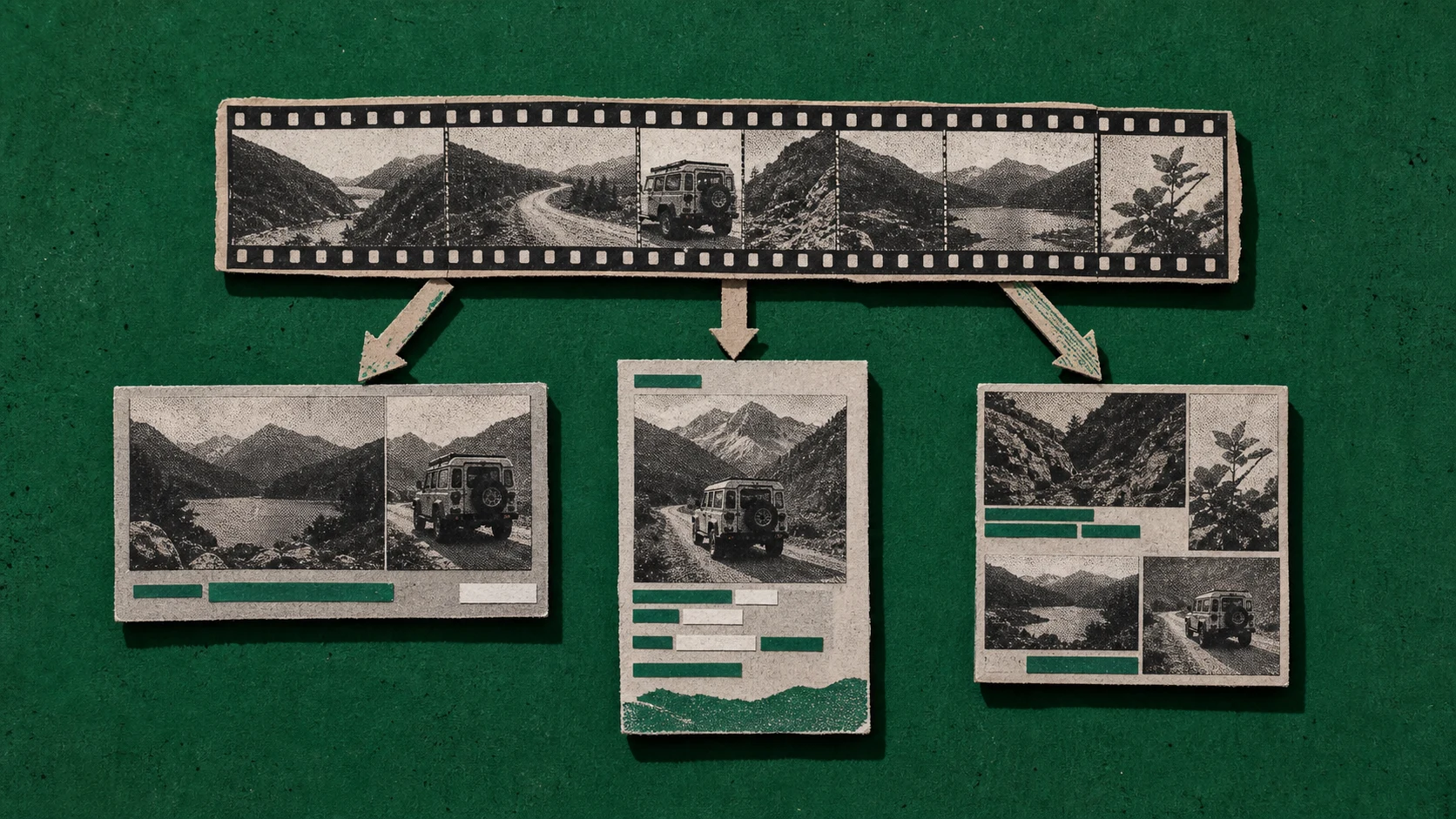 A central source strip branching into three platform-shaped cards with different opening blocks, caption rhythms, and cut spacing.