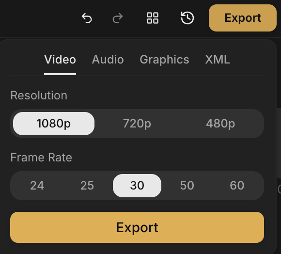 Export modal with resolution and frame rate options