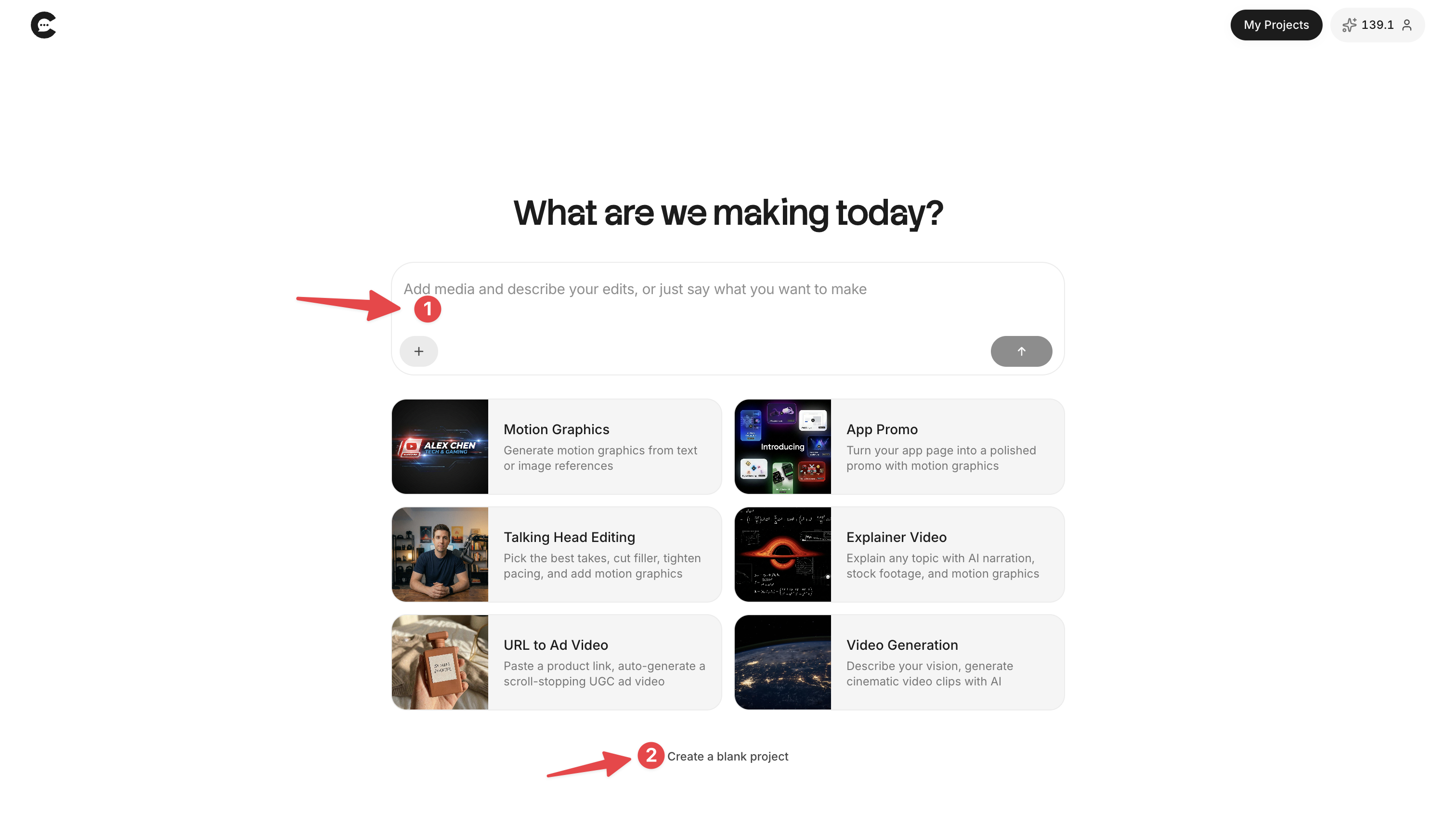 ChatCut homepage with prompt bar and project shortcuts highlighted