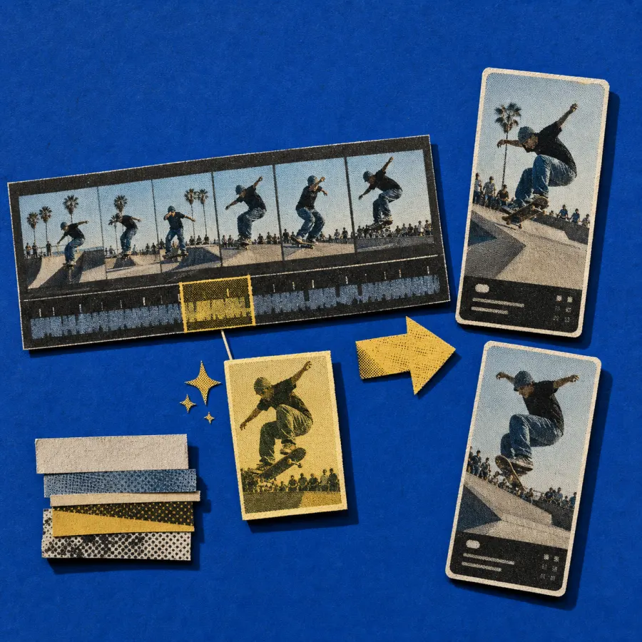 A skateboarding clip reframed into vertical short-form cuts