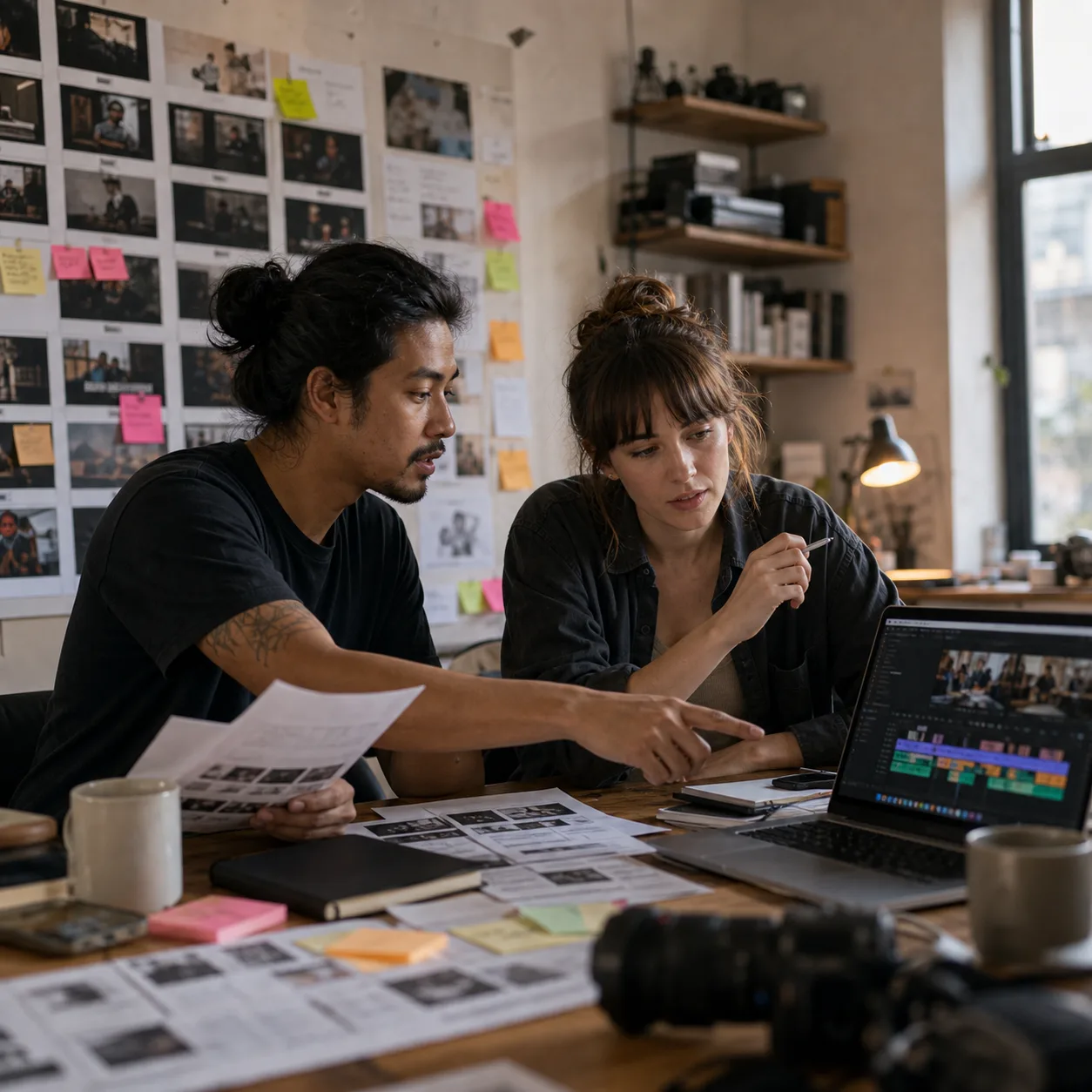 Two creatives reviewing an edit together in an agency studio